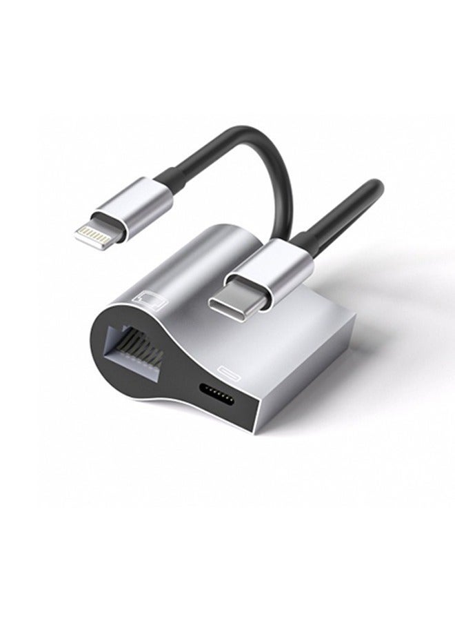 AOLION 2-IN-1 Lightning/USB Type-C to Ethernet Adapter RJ45 10/100 LAN Network Adapter with Charge Port for iPhone 14 13/iPad/Pod MacBook Pro/Air Samsung S20 Note 8/9 Galaxy Tablet Dell  - Image 1