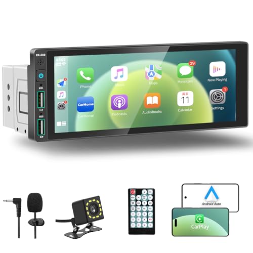 REAKOSOUND راديو سيارة مفرد DIN مع Apple Carplay و Android Auto، ستيريو سيارة DIN 6.9" راديو AM FM، راديو ستيريو مفرد للسيارات، يدعم Mirror Link، بلوتوث بدون استخدام اليدين، كاميرا خلفية، نظام ملاحة GPS، USB EQ SWC - Image 1