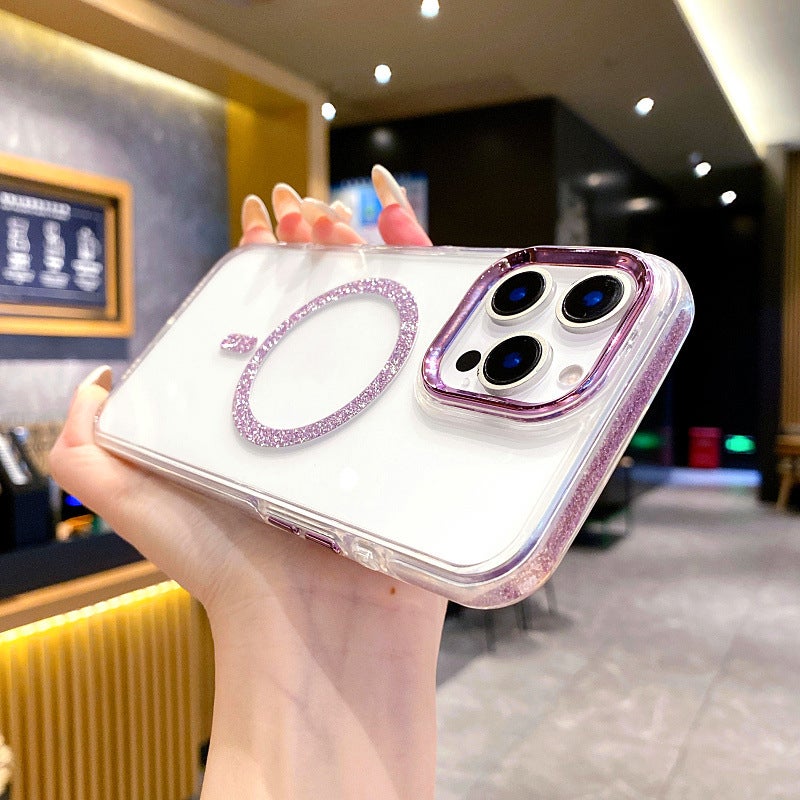 New Glitter Frame Magnetic Apple 16 Promax Phone Case Transparent 14 Suitable for iPhone 17 Gold Shield Protective Case - Image 1