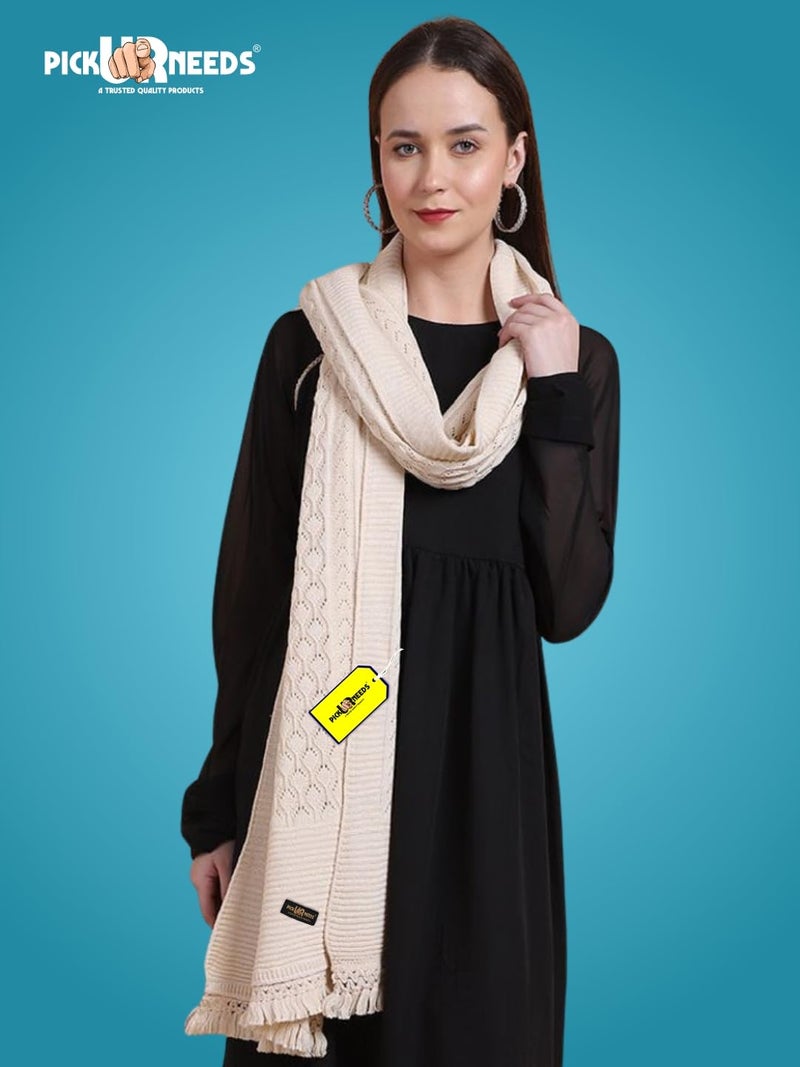 Pick Ur Needs Women’s Premium Knitted Winter Soft Shawl Woolen Warm Stole with Elegant Lace Pattern & Tassels For Girls (Cream) - Image 3