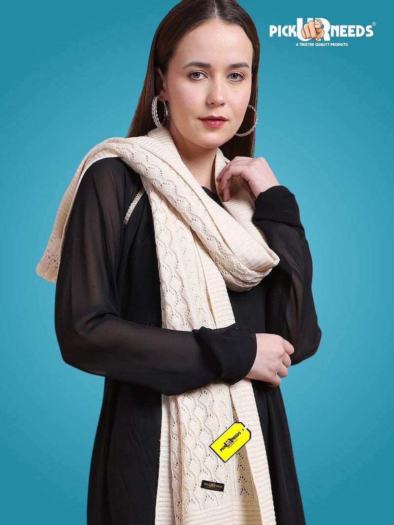 Pick Ur Needs Women’s Premium Knitted Winter Soft Shawl Woolen Warm Stole with Elegant Lace Pattern & Tassels For Girls (Cream) - Image 2