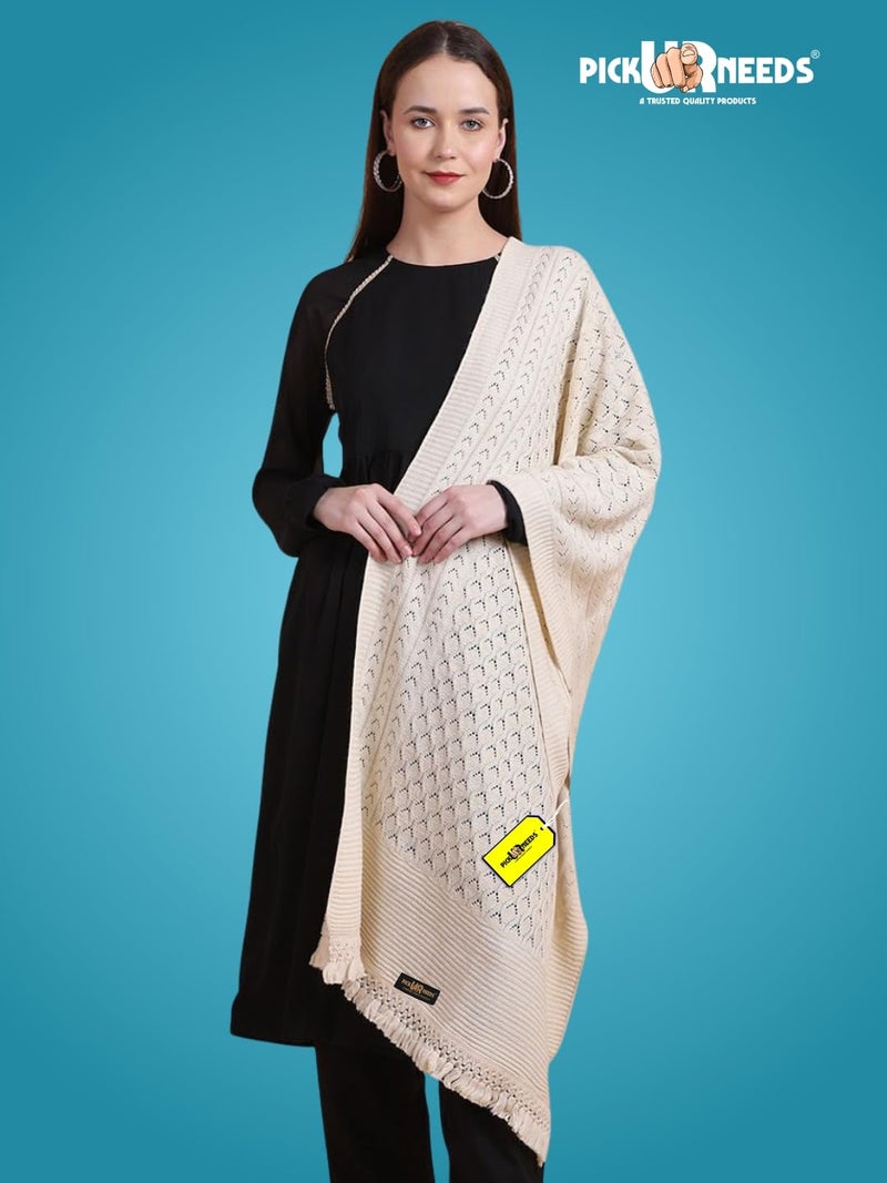 Pick Ur Needs Women’s Premium Knitted Winter Soft Shawl Woolen Warm Stole with Elegant Lace Pattern & Tassels For Girls (Cream) - Image 5