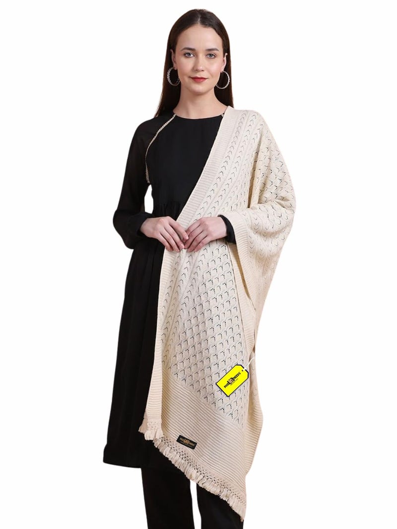 Pick Ur Needs Women’s Premium Knitted Winter Soft Shawl Woolen Warm Stole with Elegant Lace Pattern & Tassels For Girls (Cream) - Image 1