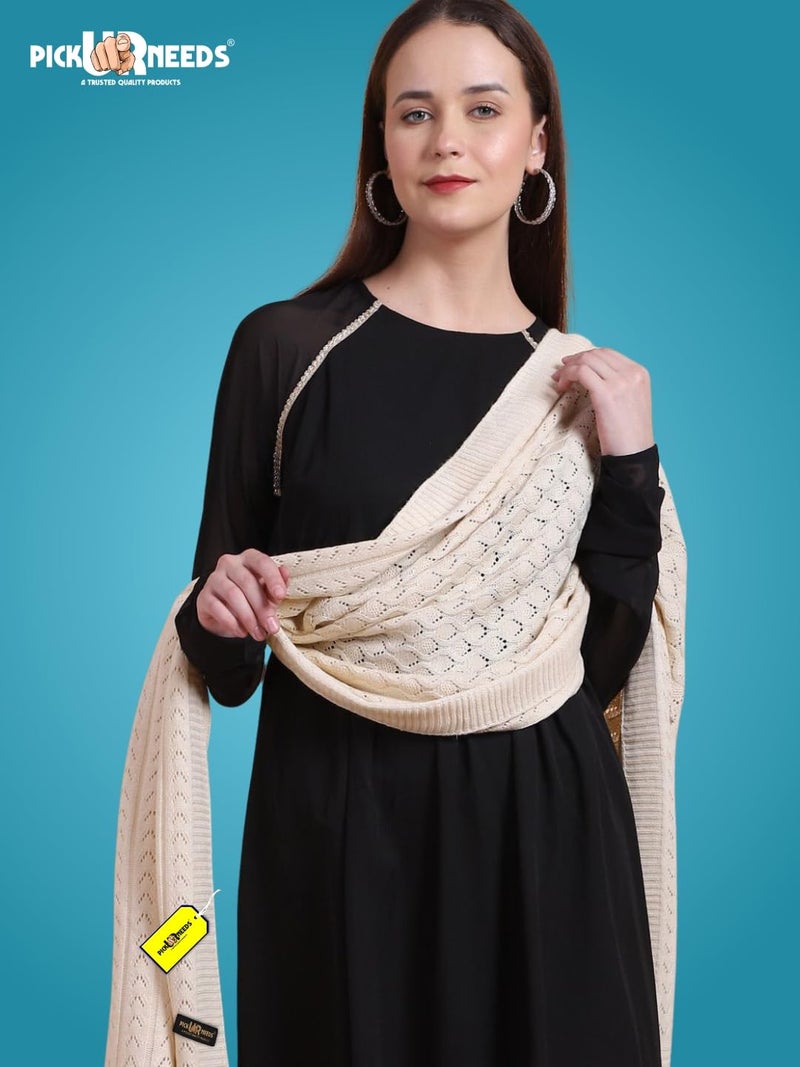 Pick Ur Needs Women’s Premium Knitted Winter Soft Shawl Woolen Warm Stole with Elegant Lace Pattern & Tassels For Girls (Cream) - Image 4