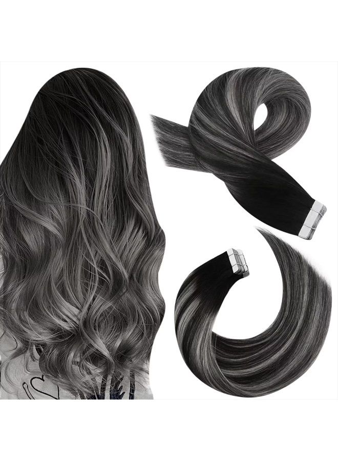 Moresoo Black Ombre Tape in Hair Extensions Human Hair Silver Tape in Extensions Balayage Off Black to Silver with Black Tape in Seamless Hair Extensions Real Hair 20 Inch #1B/Silver/1B 20pcs 50g - Image 1