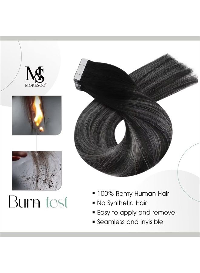 Moresoo Black Ombre Tape in Hair Extensions Human Hair Silver Tape in Extensions Balayage Off Black to Silver with Black Tape in Seamless Hair Extensions Real Hair 20 Inch #1B/Silver/1B 20pcs 50g - Image 2