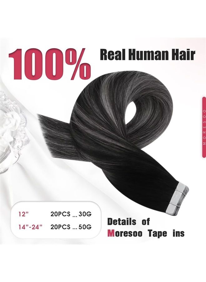 Moresoo Black Ombre Tape in Hair Extensions Human Hair Silver Tape in Extensions Balayage Off Black to Silver with Black Tape in Seamless Hair Extensions Real Hair 20 Inch #1B/Silver/1B 20pcs 50g - Image 4