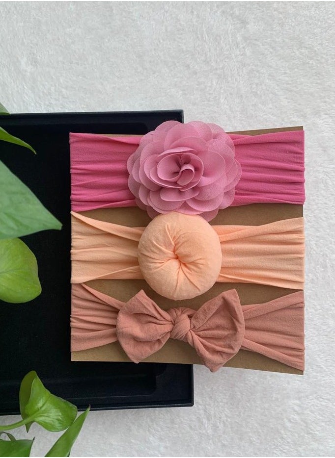 The Girl Cap - The Girl Cap Elastic Baby Headband Stretchable Nylon Assorted Hairbands Hair Accessories for Baby- Dark Pink Orange Brown - 3PCS - Image 1
