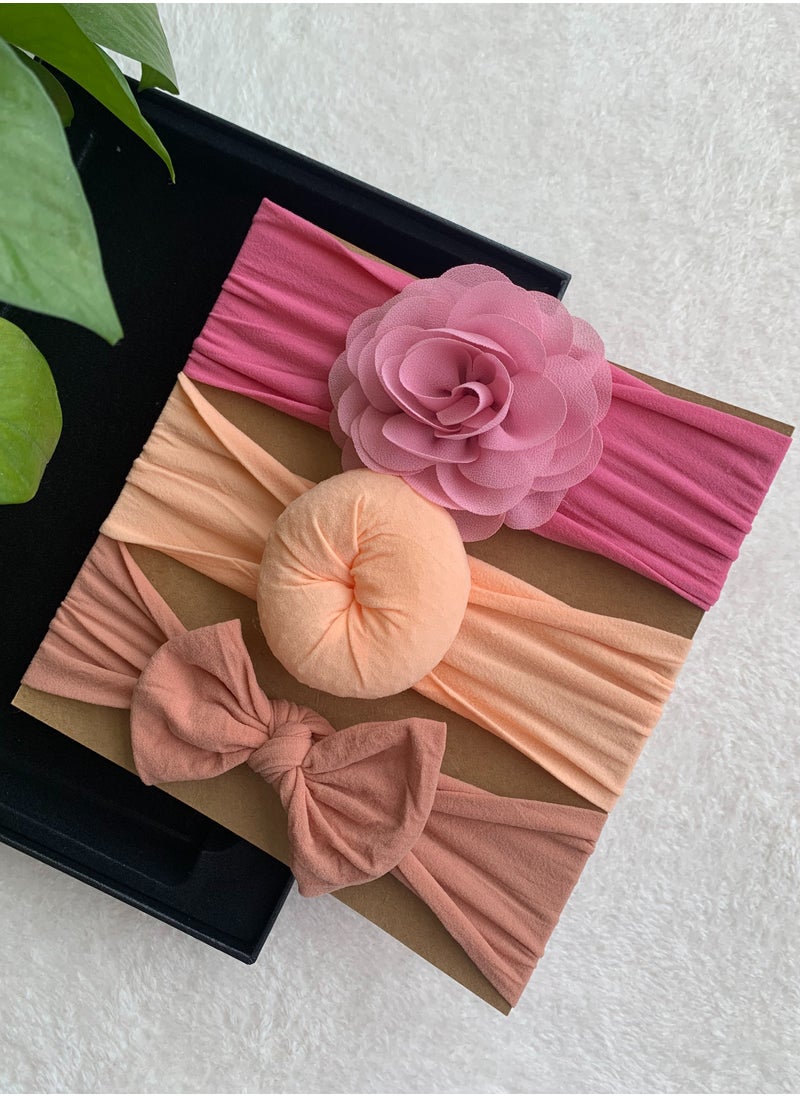 The Girl Cap - The Girl Cap Elastic Baby Headband Stretchable Nylon Assorted Hairbands Hair Accessories for Baby- Dark Pink Orange Brown - 3PCS - Image 1