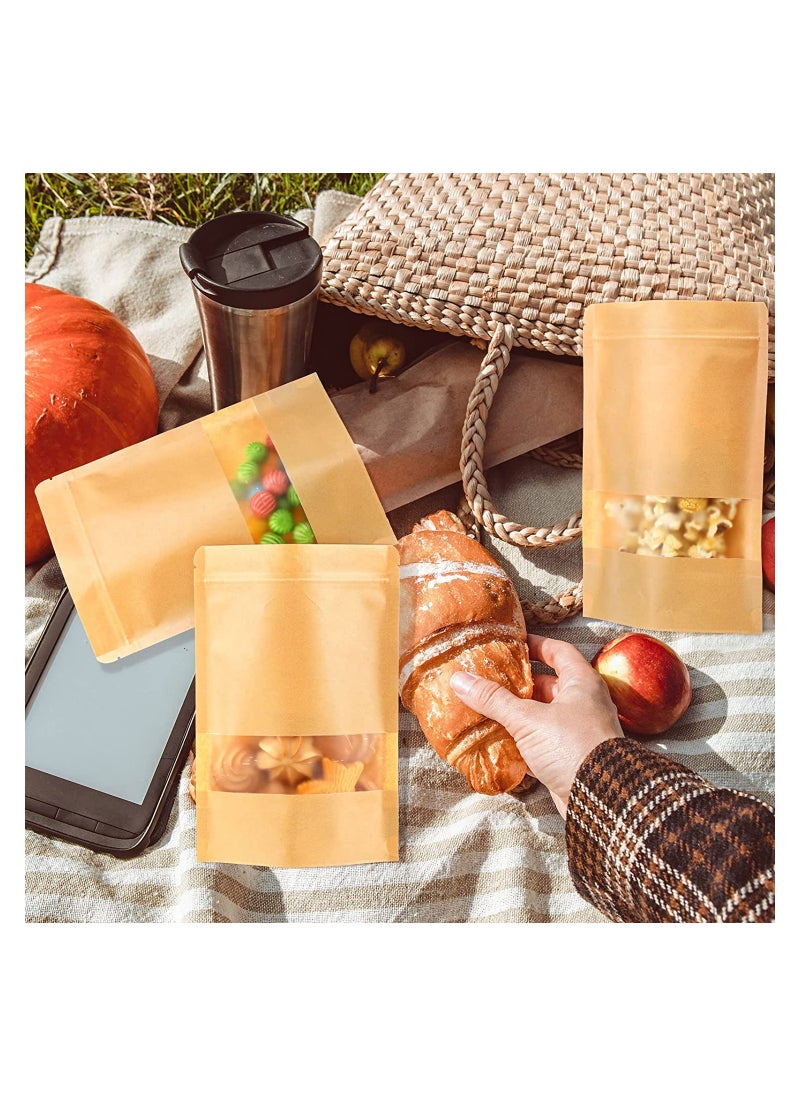 SYOSI 50 Piece Food Pouches Kraft Stand Up Food Bags Zip Lock Reusable Packing Pouches With Transparent Window And Tear Notch Thicken Heat Sealable Or Storing Cookie Snack Tea And Drinking 15*22Cm  - Image 4