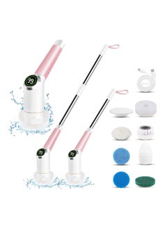 SYOSI Electric Spin Scrubber, Cordless Cleaning Brush Bathroom Tile Scrubber with Adjustable Long Handle, 3 Gears/Digital Display, Rechargeable Spin Power Scrubber for Floor, Bathtub, Window (Pink)  - Image 1