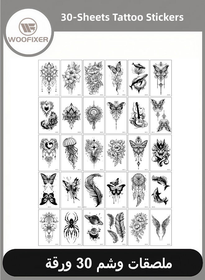 ووفيكسر 30 ورقة ملصقات وشم مؤقتة للزهور والورود والفراشات، وشم مؤقت للجسم بأنماط متنوعة للنساء والفتيات والأطفال - Image 1