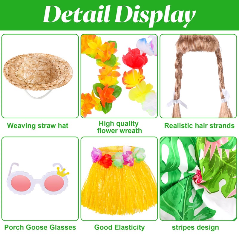 Decohs 2 Set Hawaiian Porch Goose Outfits  Summer Bikini Lawn Goose Costume  Yard Goose Clothes Grass Skirt Straw Hat With Wreath Glasses Wig For 23"" Statue Patio Garden Decoration - Image 3
