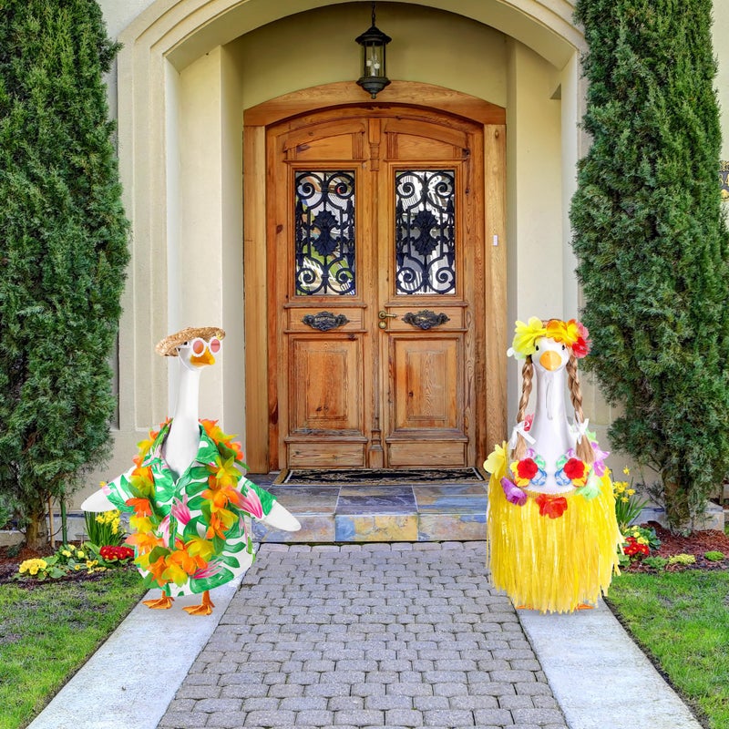 Decohs 2 Set Hawaiian Porch Goose Outfits  Summer Bikini Lawn Goose Costume  Yard Goose Clothes Grass Skirt Straw Hat With Wreath Glasses Wig For 23"" Statue Patio Garden Decoration - Image 5