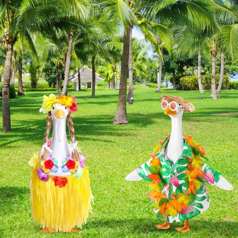 Decohs 2 Set Hawaiian Porch Goose Outfits  Summer Bikini Lawn Goose Costume  Yard Goose Clothes Grass Skirt Straw Hat With Wreath Glasses Wig For 23"" Statue Patio Garden Decoration - Image 4