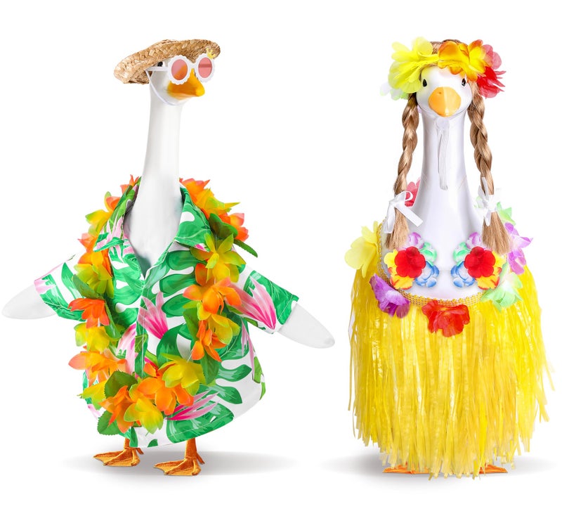Decohs 2 Set Hawaiian Porch Goose Outfits  Summer Bikini Lawn Goose Costume  Yard Goose Clothes Grass Skirt Straw Hat With Wreath Glasses Wig For 23"" Statue Patio Garden Decoration - Image 1