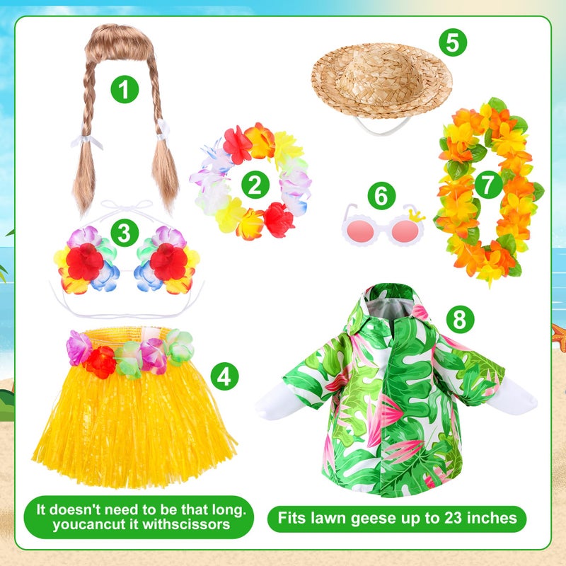 Decohs 2 Set Hawaiian Porch Goose Outfits  Summer Bikini Lawn Goose Costume  Yard Goose Clothes Grass Skirt Straw Hat With Wreath Glasses Wig For 23"" Statue Patio Garden Decoration - Image 2