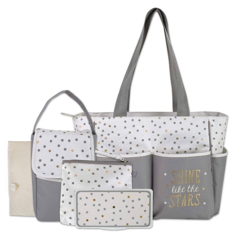 Baby Essentials Baby Essentials Diaper Bag Tote 5 Piece Set with Sun Moon and Stars Wipes Pocket Dirty Diaper Pouch Changing Pad GreyCream 