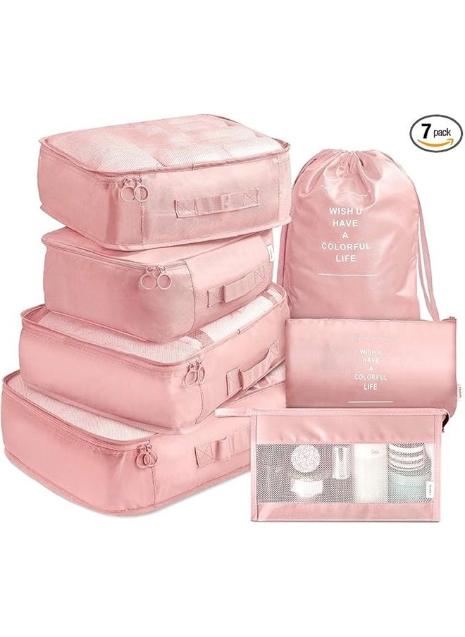 yongsheng 7-Piece Travel Luggage Organizer Packing Cube Set Pink, Packing Cubes 7 Pcs Travel Luggage Packing Organizers Set with Toiletry Bag (Pink)  - Image 1