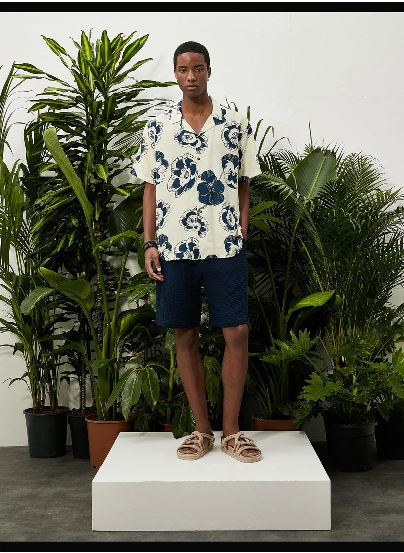 KOTON Floral Shirt Short Sleeve Turndown Collar Cotton