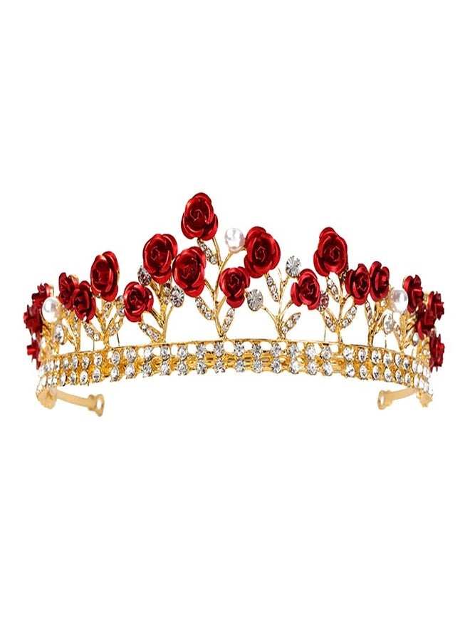 GSHLLO تاج وردة حمراء للعروس، تاج زفاف كريستالي، تاج زهرة ذهبية، تاج أميرة مع أحجار الراين، رباط رأس لؤلؤي للنساء والفتيات - Image 1