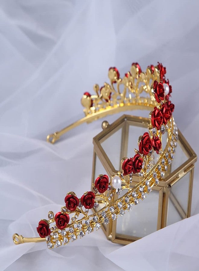 GSHLLO تاج وردة حمراء للعروس، تاج زفاف كريستالي، تاج زهرة ذهبية، تاج أميرة مع أحجار الراين، رباط رأس لؤلؤي للنساء والفتيات - Image 5
