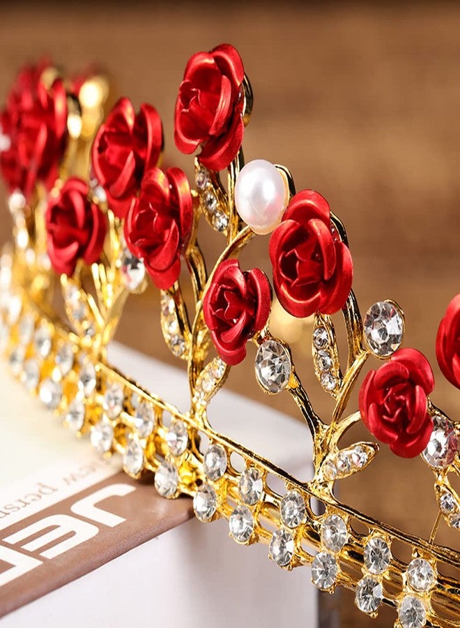 GSHLLO تاج وردة حمراء للعروس، تاج زفاف كريستالي، تاج زهرة ذهبية، تاج أميرة مع أحجار الراين، رباط رأس لؤلؤي للنساء والفتيات - Image 3