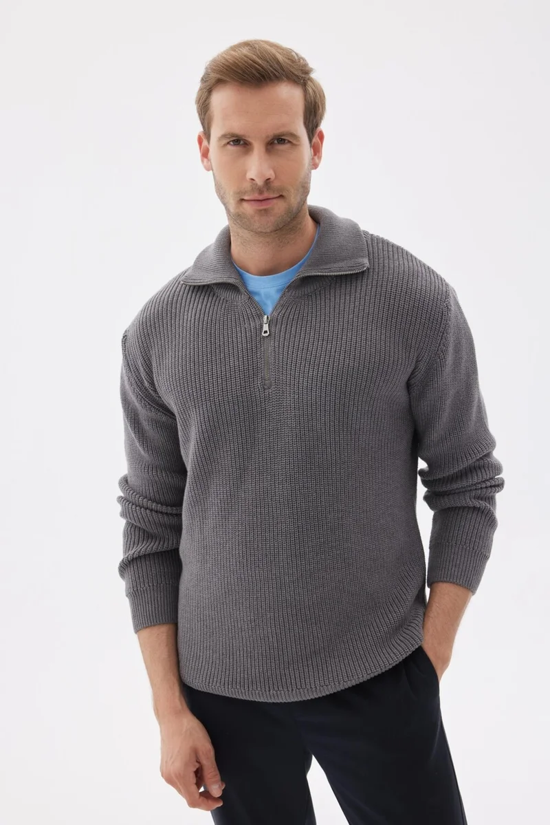 اوديلون Men's Half Zipper Selanik Knit Regular Fit Cotton Knitwear Sweater Gray Melange