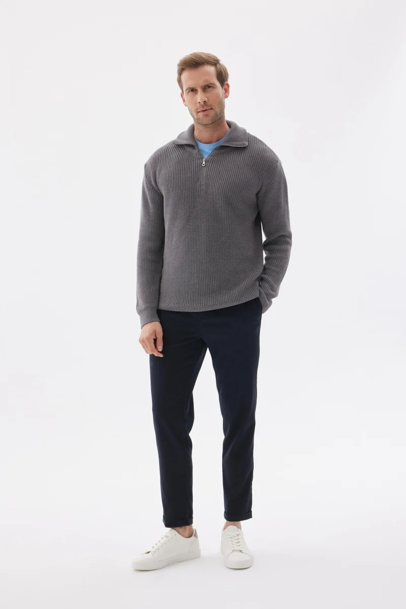 اوديلون Men's Half Zipper Selanik Knit Regular Fit Cotton Knitwear Sweater Gray Melange
