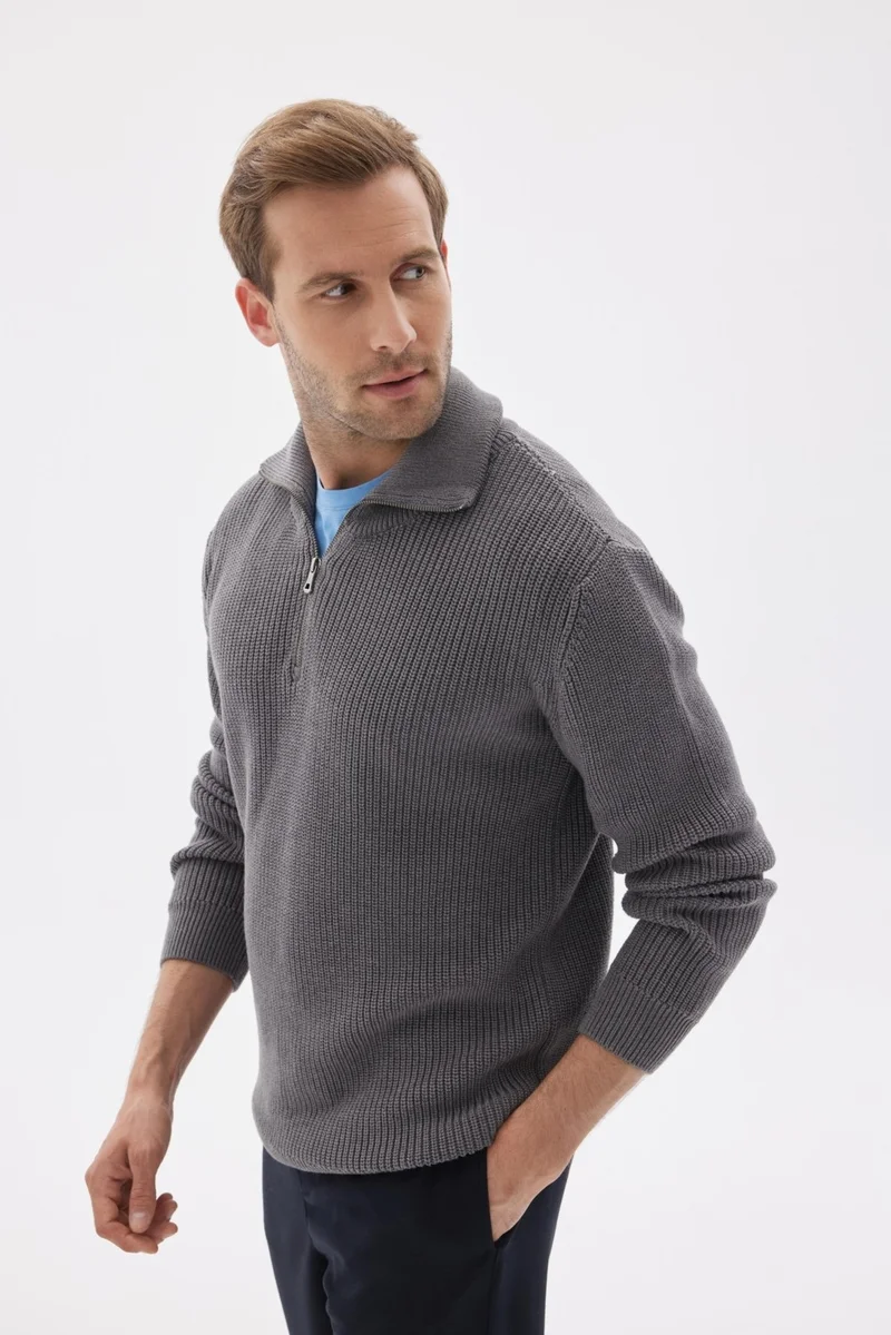 اوديلون Men's Half Zipper Selanik Knit Regular Fit Cotton Knitwear Sweater Gray Melange