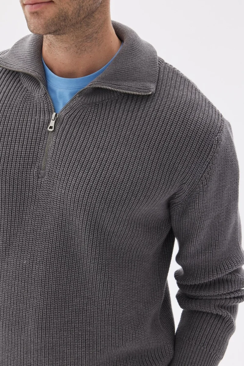 اوديلون Men's Half Zipper Selanik Knit Regular Fit Cotton Knitwear Sweater Gray Melange