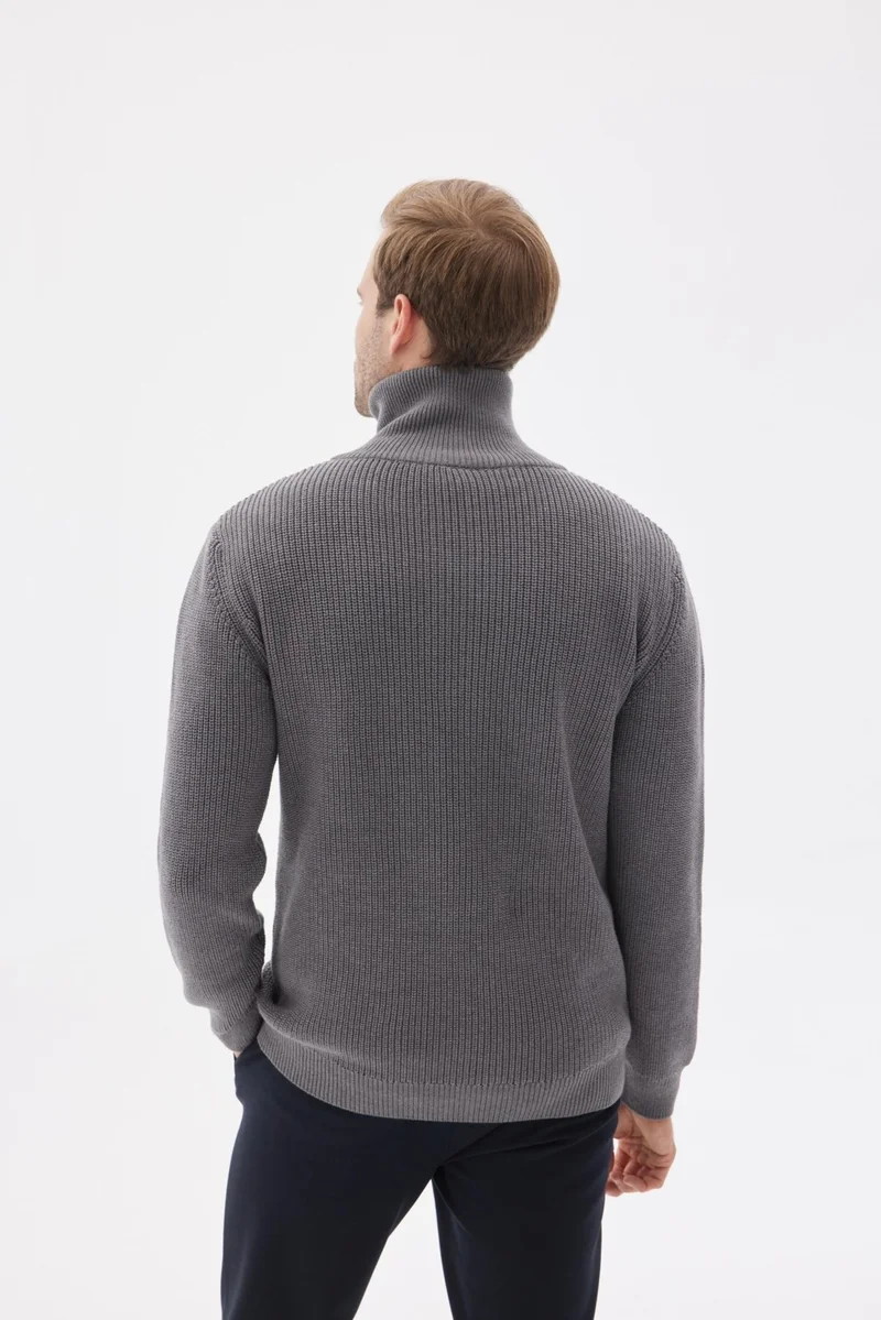 اوديلون Men's Half Zipper Selanik Knit Regular Fit Cotton Knitwear Sweater Gray Melange