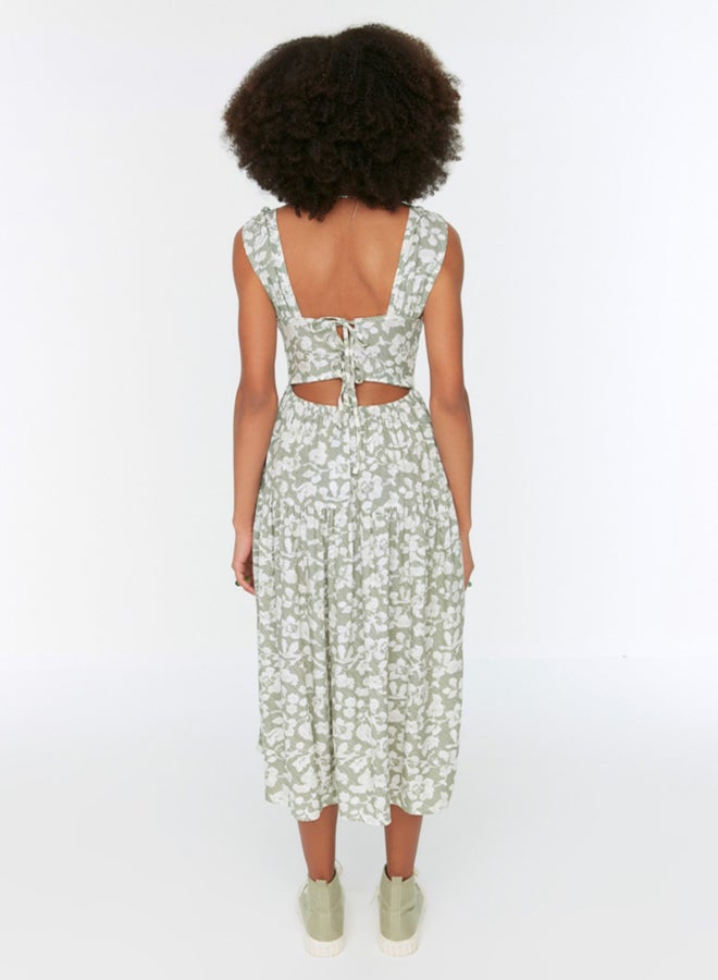 trendyol Floral Skater/Belt Opening Back Detail Floral Print Midi Woven Dress - Image 5