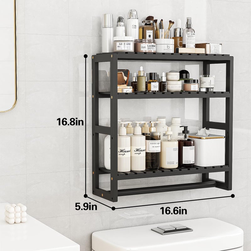Galood Over The Toilet Storage Bathroom Shelves Wall Mounted 3 Tier Space Saver Corner Shelf Organizer Bamboo Towel Rack Toilet Paper Cabinet with Hanging Rod Black Sets - Image 4
