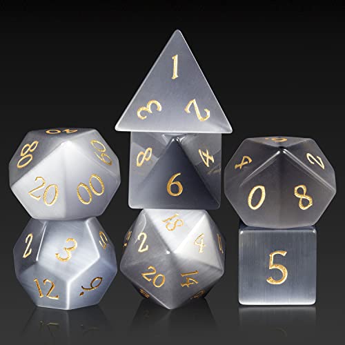 DNDND Cats Eye Gemstone Dice Set 7 PCS Crystal DND Dice with Gorgeous Gift Case for Dungeons and Dragon DD Tabletop Game Grey Cats Eye - Image 1