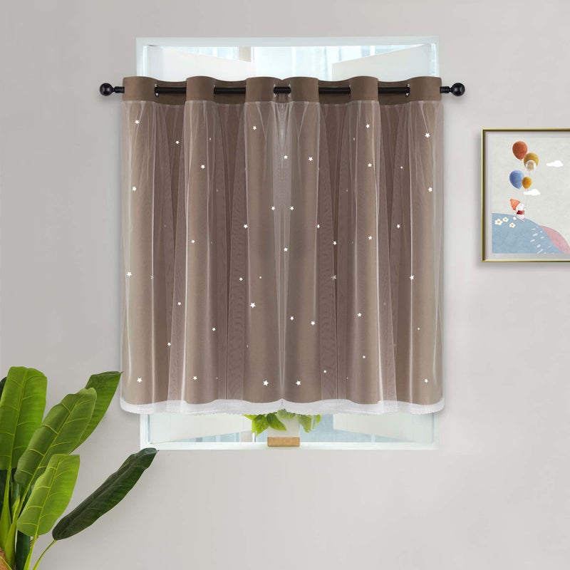 Kinryb Star Cut-Out Curtains Short Curtains for Small Window Cute Decorative Curtains 2 Layer Blackout Curtains Sheer Curtain for Kids Bedroom Thermal Insulated Drape 42"" W x 45"" L Coffee 2 Panels - Image 1