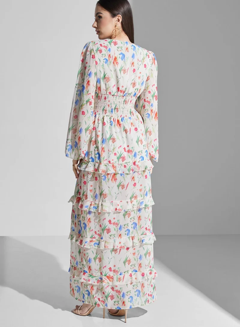 PRETTY LAVISH Ruched Waist Ruffle Floral Dress