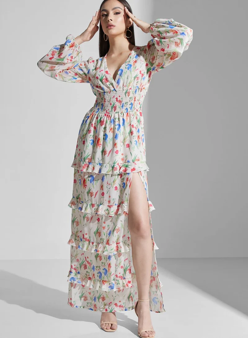 PRETTY LAVISH Ruched Waist Ruffle Floral Dress