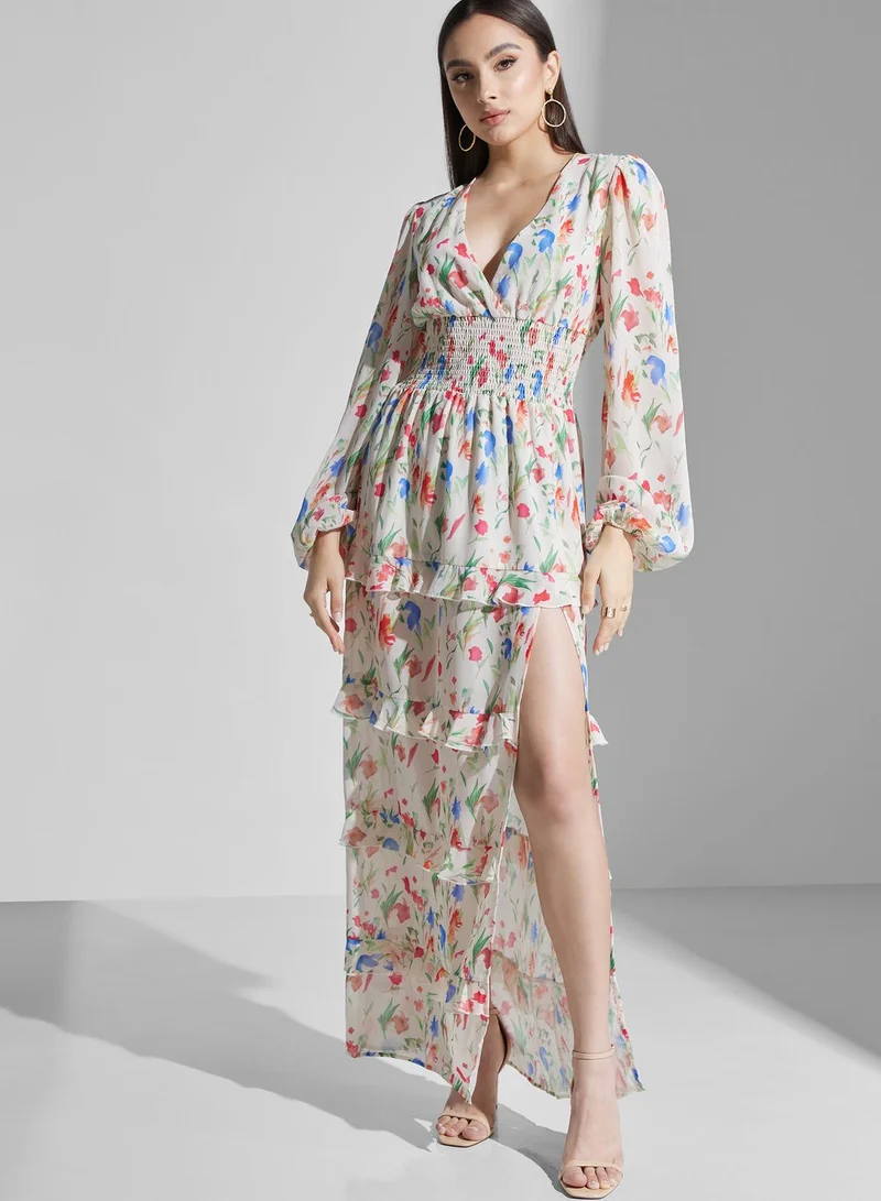 PRETTY LAVISH Ruched Waist Ruffle Floral Dress