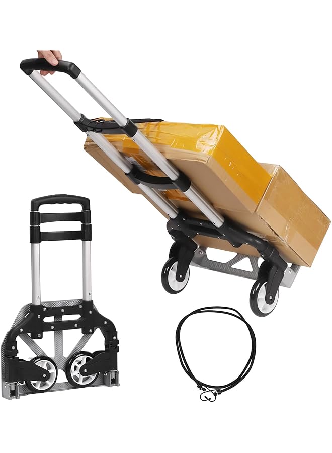 promass 2Pcs Aluminum Folding Hand Trucks, Aluminium Portable Folding Trolley with 3-Position Folding Pulley Handles, Aluminium Luggage Trolley Cart and Dolly with a Elastic Cord for Travel Office