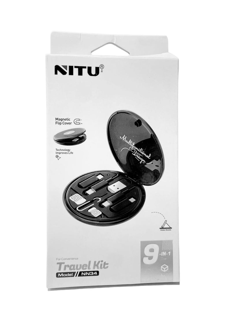 NITU  All In One 60W USB Fast Charging Travel Cable Set with Type C, Lightening and Micro Port Inbuilt Mobile Stand Compatible with iPhone, iPad, Samsung Galaxy, OnePlus, Mi, Oppo (All in 1, Black)