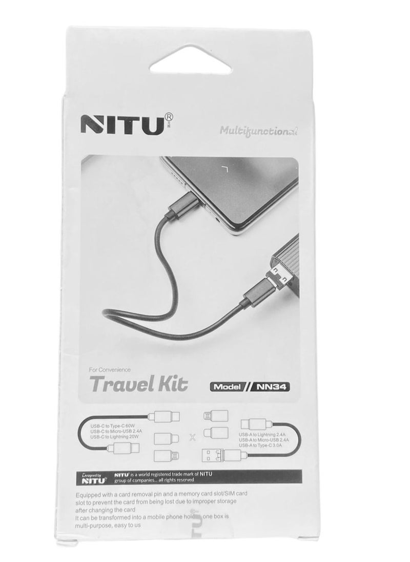 NITU  All In One 60W USB Fast Charging Travel Cable Set with Type C, Lightening and Micro Port Inbuilt Mobile Stand Compatible with iPhone, iPad, Samsung Galaxy, OnePlus, Mi, Oppo (All in 1, Black)