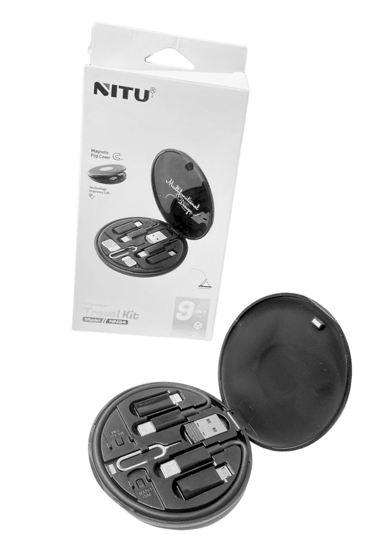 NITU  All In One 60W USB Fast Charging Travel Cable Set with Type C, Lightening and Micro Port Inbuilt Mobile Stand Compatible with iPhone, iPad, Samsung Galaxy, OnePlus, Mi, Oppo (All in 1, Black)