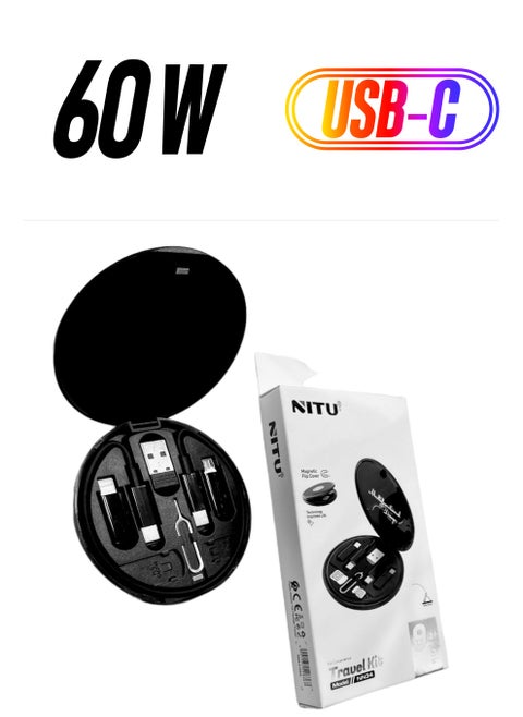 NITU  All In One 60W USB Fast Charging Travel Cable Set with Type C, Lightening and Micro Port Inbuilt Mobile Stand Compatible with iPhone, iPad, Samsung Galaxy, OnePlus, Mi, Oppo (All in 1, Black)