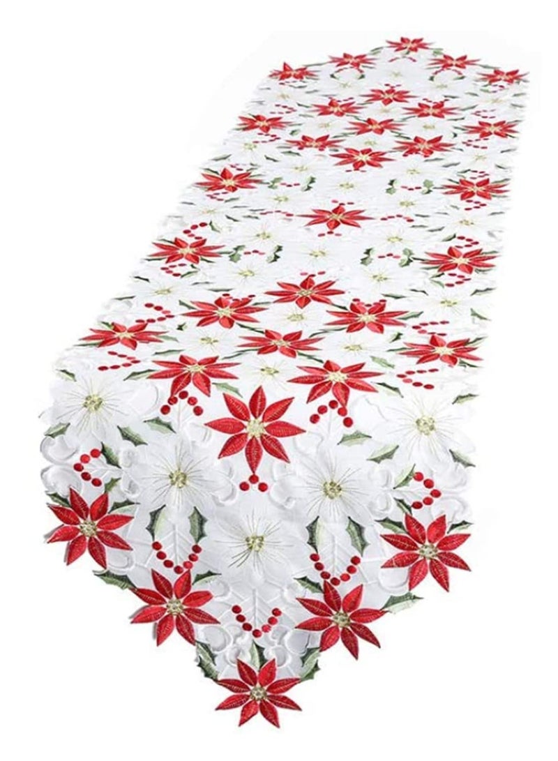 Christmas Embroidered Table Runner Holly Poinsettia Holiday Decor Polyester Elegant for Dining Table Party Wedding Home Decorations Machine Washable 38x220CM - Image 1