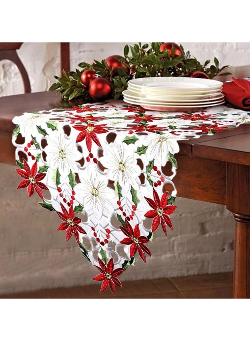 Christmas Embroidered Table Runner Holly Poinsettia Holiday Decor Polyester Elegant for Dining Table Party Wedding Home Decorations Machine Washable 38x220CM - Image 5