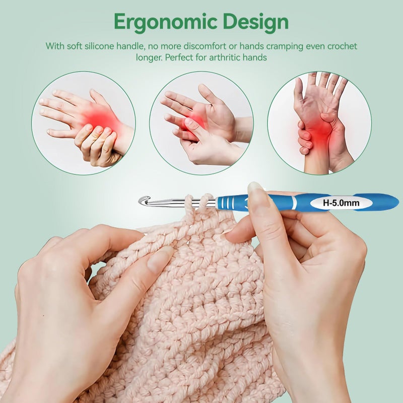 Dasonwin 60-Piece Ergonomic Crochet Hooks Set with Travel Case - Aluminum Crochet Needles Kit for Beginners & Experts, Arthritis-Friendly Design, Includes Stitch Markers & Accessories (Green) - Image 2