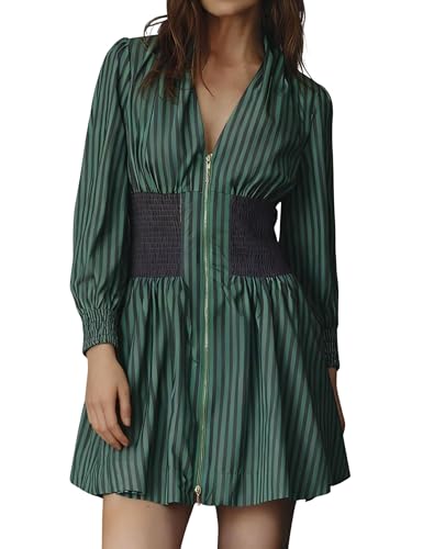 Meyhad Womens Long Sleeve Mini Dress V Neck Smocked Zipper Dress Casual A Line Short Dress with Pockets(1012-StripedGreen-M) - Image 1