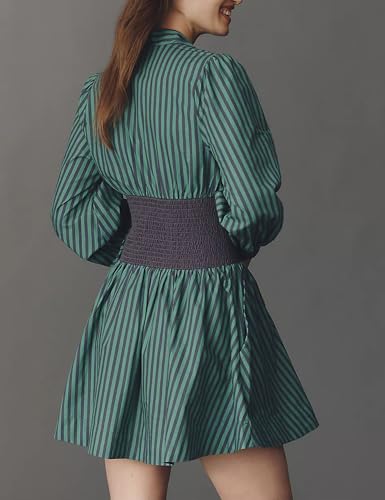 Meyhad Womens Long Sleeve Mini Dress V Neck Smocked Zipper Dress Casual A Line Short Dress with Pockets(1012-StripedGreen-M) - Image 4