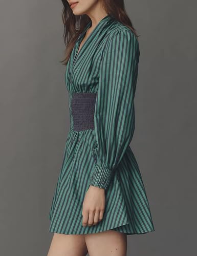Meyhad Womens Long Sleeve Mini Dress V Neck Smocked Zipper Dress Casual A Line Short Dress with Pockets(1012-StripedGreen-M) - Image 3